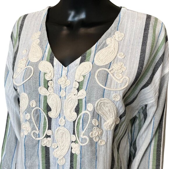 Soft Surroundings Blue Green Striped Embroidered Tunic Top Cotton Blend Medium - Picture 6 of 10